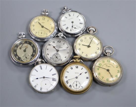 Eight assorted base metal pocket watches.